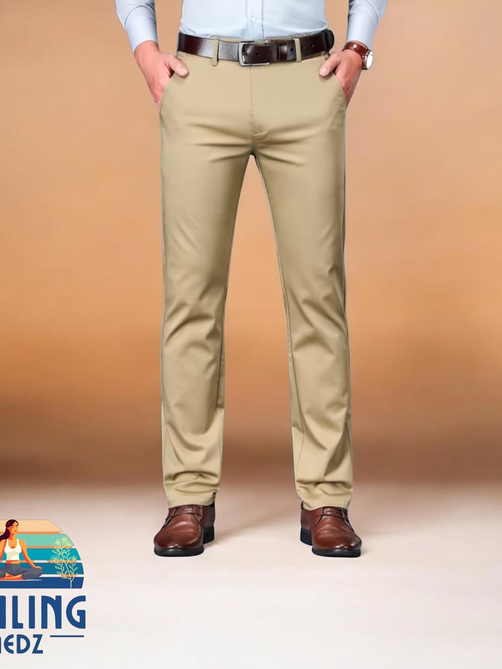 Men's 36 Waist Solid Khaki Trousers Light Business Style Slightly Stretch Straig